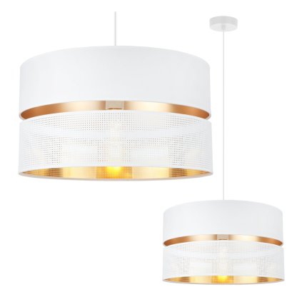 lampa sufitowa wiszaca asti bialo zloty podwojny abazur w stylu glamour siatka do sypialni i salonu