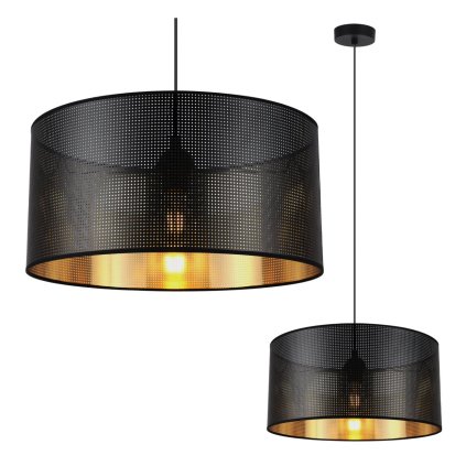 lampa sufitowa wiszaca z czarnym duzym abazurem asti pojedyncza do sypialni i salonu zlote akcenty