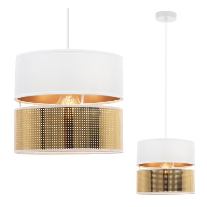 lampa sufitowa wiszaca z okraglym abazurem asti bialo zlota azurowa tkanina nowoczesny glamour