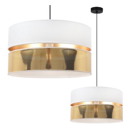 lampa sufitowa wiszaca z duzym abazurem duo asti kolor bialy zloty srodek z siatki glamour