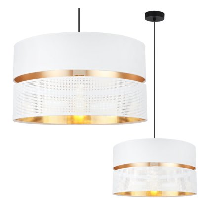 lampa sufitowa wiszaca biala asti podwojny azurowy abazur ze zlotym srodkiem do salonu 40cm