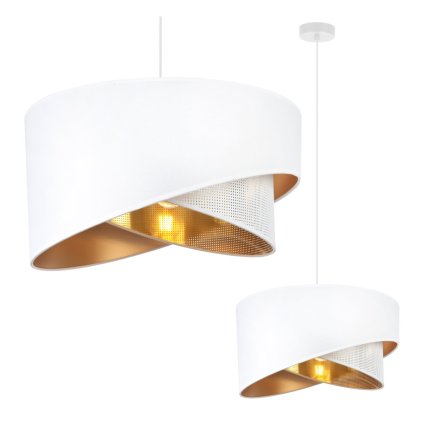 lampa sufitowa wiszaca bialo zlota asti nowoczesny asymetryczny zyrandol z abazurem z siatki 45cm