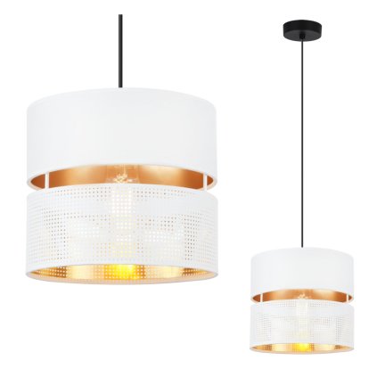 lampa sufitowa wiszaca biala asti zyrandol z okraglym abazurem zlote wnetrze glamour siatka 20cm