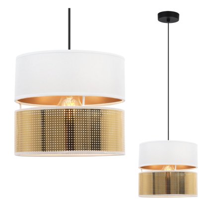 lampa sufitowa wiszaca bialo zlota z abazurem asti do salonu jadalni pokoju siatka styl nowoczesny