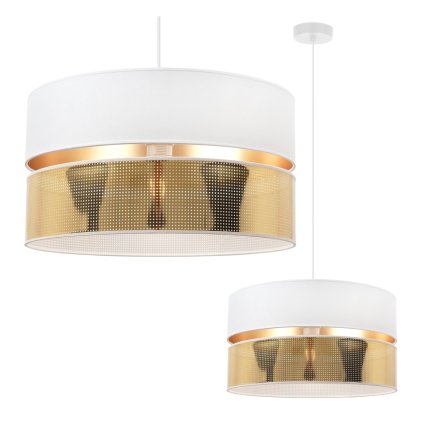 lampa sufitowa wiszaca z abazurem asti pojedyncza biala ze zlotym wnetrzem do eleganckiego salonu