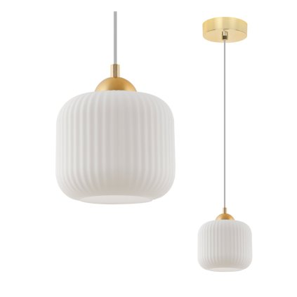 lampa wiszaca riffle sufitowa pojedyncza bialy szklany klosz walec ze zlotymi dodatkami e27