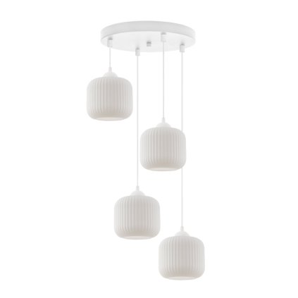 lampa wiszaca riffle sufitowa biala konstrukcja szklane klosze w ksztalcie walca 4 plomienna