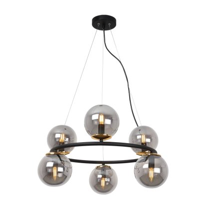 lampa sufitowa wiszaca aura czarny zyrandol typu ring szklane grafitowe kule styl loft nad stol