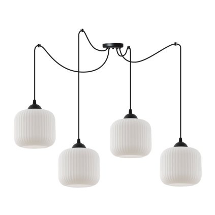 lampa wiszaca zyrandol riffle biale szklane klosze w ksztalcie walca styl glamour nad stol i sofe