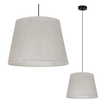 lampa sufitowa wiszaca len zyrandol z bezowym abazurem w ksztalcie stozka do kuchni i salonu