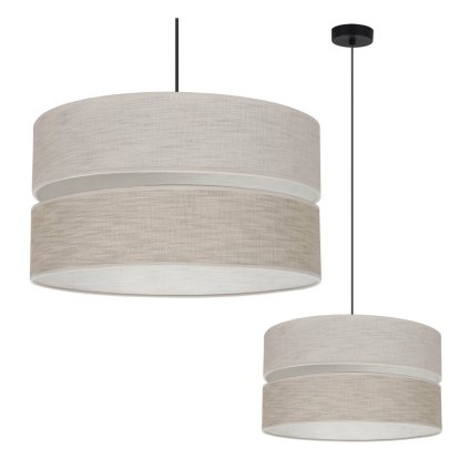 lampa wiszaca sufitowa len duzy lniany zyrandol z bezowym okraglym abazurem 40cm gwint e27