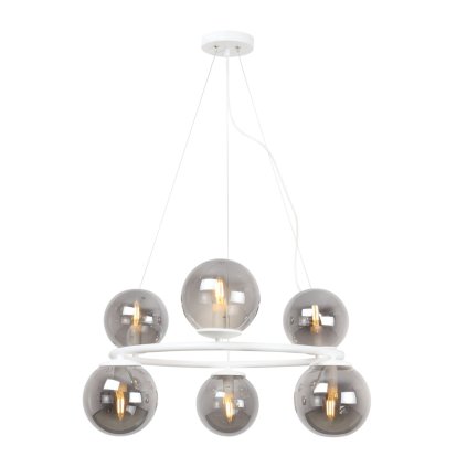 lampa sufitowa wiszaca zyrandol aura duza biala obrecz grafitowe szklane kule nad stol i wyspe