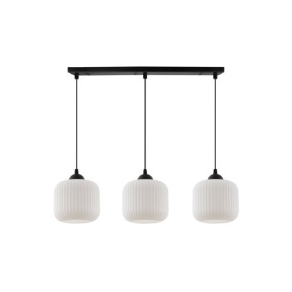lampa wiszaca zyrandol riffle potrojna czarna listwa ze szklanymi bialymi kloszami do kuchni i salonu