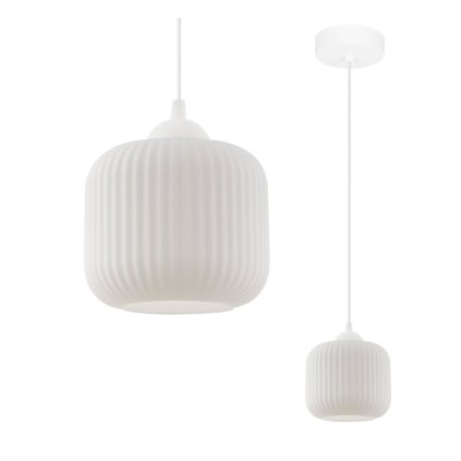 lampa wiszaca zyrandol riffle bialy szklany klosz w ksztalcie walca biala konstrukcja 15cm srednicy