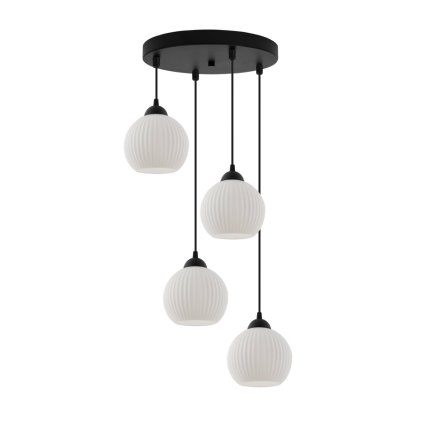lampa sufitowa wiszaca riffle czarna konstrukcja biale szklane kule 14cm na 4 zarowki