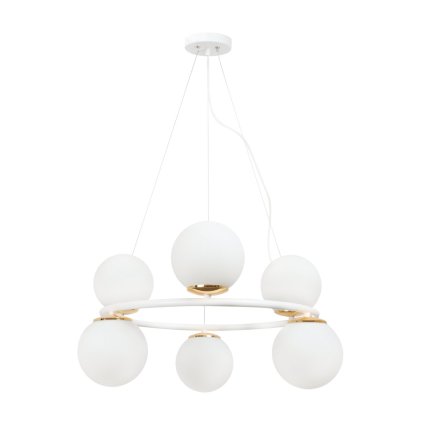 lampa sufitowa wiszaca zyrandol aura biala obrecz ze zlotymi akcentami szklane kule styl loft