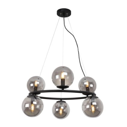 lampa sufitowa wiszaca aura czarny ring z grafitowymi szklanymi kloszami styl molekularny