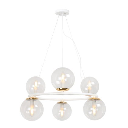 lampa sufitowa wiszaca aura nowoczesny glamour bialo zloty zyrandol ring ze szklanymi kulami