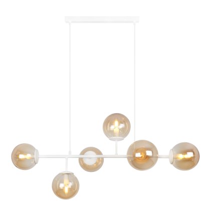 lampa sufitowa wiszaca zyrandol siena biala listwa szesc szklanych kloszy w kolorze topazowym