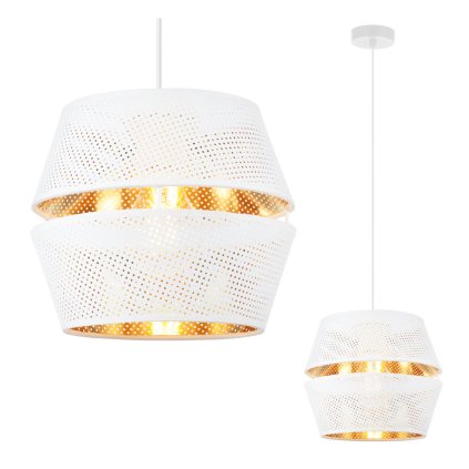 lampa sufitowa wiszaca asti bialy zyrandol ze zlotym srodkiem abazur z siatki do salonu i jadalni