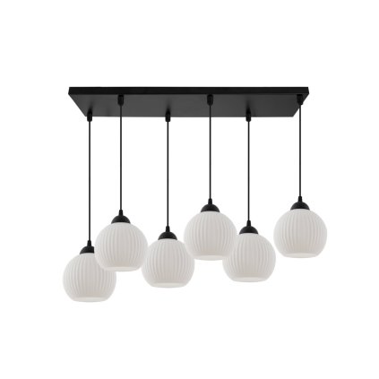 lampa sufitowa wiszaca riffle szesc bialych kloszy na czarnej listwie styl glamour nad stol i wyspe