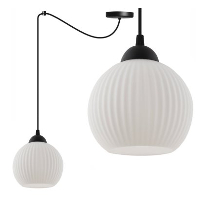 lampa sufitowa wiszaca pajak riffle czarna konstrukcja z bialym ryflowanym kloszem kula 1 zrodlo