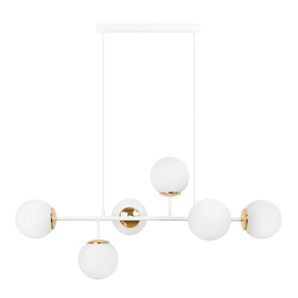 lampa sufitowa wiszaca zyrandol siena bialo zlota listwa ze szklanymi kloszami do salonu