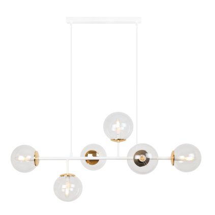 lampa sufitowa wiszaca siena bialo zlota listwa glamour z przezroczystymi kloszami w ksztalcie kuli