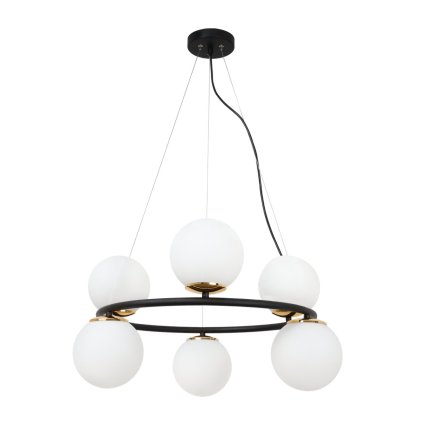 lampa sufitowa wiszaca aura czarno zlota konstrukcja biale szklane kule styl nowoczesny