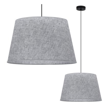 lampa sufitowa wiszaca zyrandol len szara lniana tkanina duzy abazur w ksztalcie stozka e27