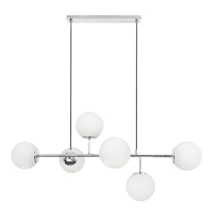 lampa sufitowa wiszaca siena chromowana konstrukcja 6 szklanych kul w bialym kolorze e14