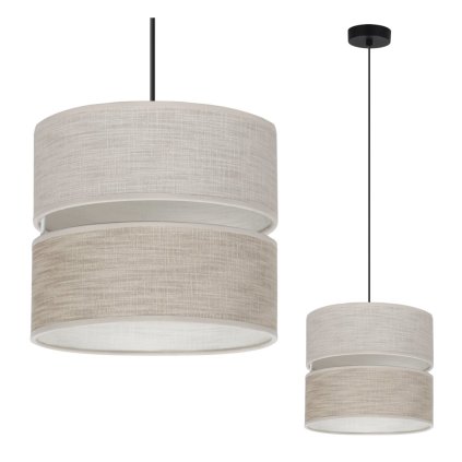 lampa sufitowa wiszaca zyrandol len pojedynczy abazur w bezowym kolorze nad stol i wyspe