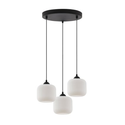 lampa wiszaca zyrandol riffle potrojna listwa ze szklanymi kloszami w bialym kolorze styl glamour