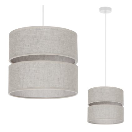 lampa sufitowa wiszaca len stozkowy abazur w kolorze jasnobezowym pojedynczy do kuchni i salonu