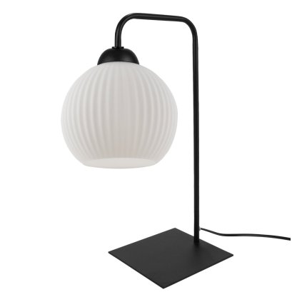 lampa stolowa stojaca riffle czarna konstrukcja biala szklana kula glamour jedno zrodlo swiatla