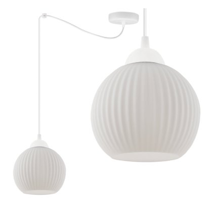 lampa sufitowa zyrandol pajak riffle styl loftowy biala konstrukcja szklana kula nad stol i wyspe