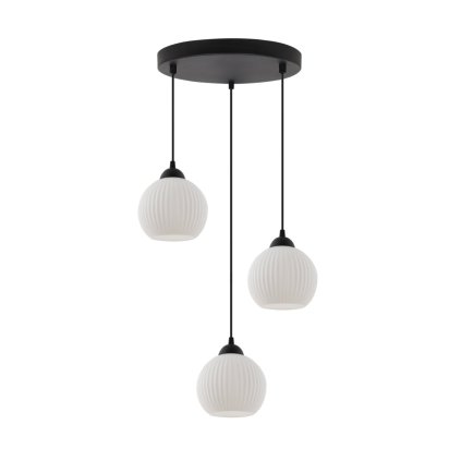lampa sufitowa wiszaca riffle potrojna czarna konstrukcja biale szklane kule glamour gwint e27