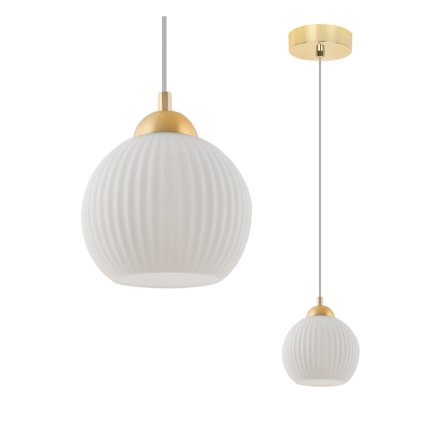 lampa sufitowa zyrandol riffle biala ryflowana kula ze zlotymi dodatkami w stylu glamour 14cm