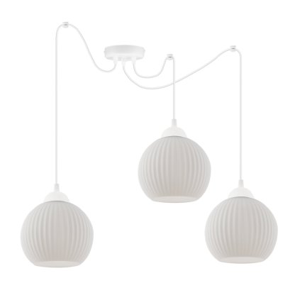 lampa sufitowa zyrandol riffle potrojna trzy biale kule w stylu nowoczesnym do kuchni i salonu