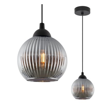 lampa wiszaca sufitowa riffle pojedyncza grafitowa szklana kula z ryflowaniem w stylu glamour