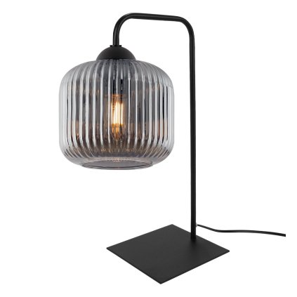 lampka nocna lampa stolowa riffle czarna z grafitowym ryflowanym kloszem glamour wlacznik