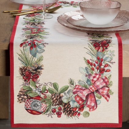 VÁNOČNÍ GOBELÍNOVÝ BĚHOUN NA STŮL GARLAND 45X140 CM VZOROVANÝ