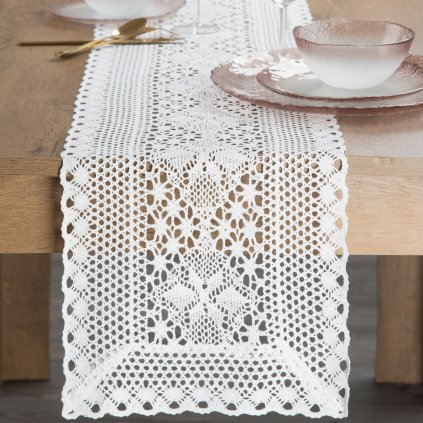 AŽUROVÝ BĚHOUN NA STŮL MEGGY 32X180 CM BÍLÝ