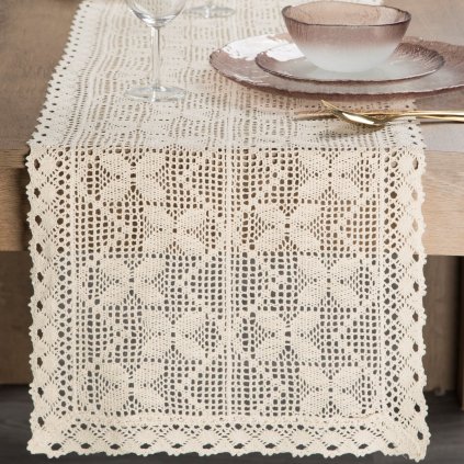 AŽUROVÝ BĚHOUN NA STŮL MARTHA 40X180 CM SVĚTLEBÉŽOVÝ