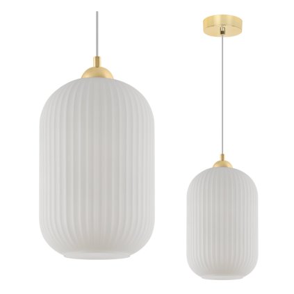 lampa wiszaca sufitowa riffle zyrandol z bialym szklanym kloszem w stylu glamour zlote dodatki