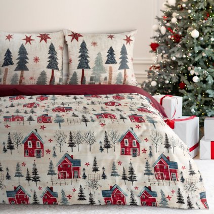 VÁNOČNÍ SATÉNOVÉ POVLEČENÍ ASHER 160X200 CM, 2 KS 70X80 CM VZOROVANÉ