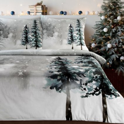 VÁNOČNÍ SATÉNOVÉ POVLEČENÍ FOREST 200X220 CM, 2 KS 70X80 CM VZOROVANÉ