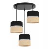 lampa wiszaca na okraglej podsufitce juta z podwojnymi abazurami wzor czarno bezowy