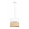 nowoczesna lampa wiszaca juta z podwojnym malym abazurem wzor bialo bezowy